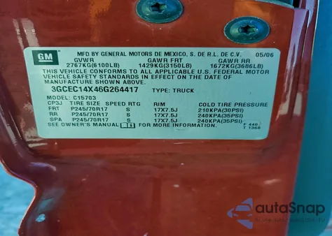 2006 Chevrolet Silverado C1500 из США, поврежденный, VIN 3GCEC14X46G264417